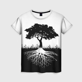 Женская футболка 3D с принтом ДЕРЕВО ИНЬ-ЯНЬ в Белгороде, 100% полиэфир ( синтетическое хлопкоподобное полотно) | прямой крой, круглый вырез горловины, длина до линии бедер | blackwhite | evil | tree | дерево | добро | зло | инь янь | корни | лес | листья | природа | саванна | узор | черно белое