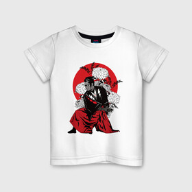 Детская футболка хлопок с принтом САМУРАЙ 007 в Белгороде, 100% хлопок | круглый вырез горловины, полуприлегающий силуэт, длина до линии бедер | black | bond | flowers | japan | red | samurai | кимоно | костюм | меч | самурай | цветы | япония