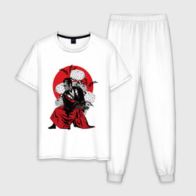 Мужская пижама хлопок с принтом САМУРАЙ 007 в Белгороде, 100% хлопок | брюки и футболка прямого кроя, без карманов, на брюках мягкая резинка на поясе и по низу штанин
 | black | bond | flowers | japan | red | samurai | кимоно | костюм | меч | самурай | цветы | япония