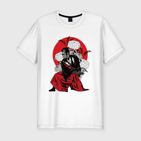 Мужская футболка хлопок Slim с принтом САМУРАЙ 007 в Белгороде, 92% хлопок, 8% лайкра | приталенный силуэт, круглый вырез ворота, длина до линии бедра, короткий рукав | black | bond | flowers | japan | red | samurai | кимоно | костюм | меч | самурай | цветы | япония