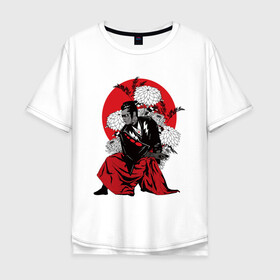 Мужская футболка хлопок Oversize с принтом САМУРАЙ 007 в Белгороде, 100% хлопок | свободный крой, круглый ворот, “спинка” длиннее передней части | black | bond | flowers | japan | red | samurai | кимоно | костюм | меч | самурай | цветы | япония