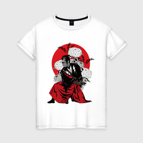 Женская футболка хлопок с принтом САМУРАЙ 007 в Белгороде, 100% хлопок | прямой крой, круглый вырез горловины, длина до линии бедер, слегка спущенное плечо | black | bond | flowers | japan | red | samurai | кимоно | костюм | меч | самурай | цветы | япония