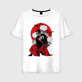 Женская футболка хлопок Oversize с принтом САМУРАЙ 007 в Белгороде, 100% хлопок | свободный крой, круглый ворот, спущенный рукав, длина до линии бедер
 | black | bond | flowers | japan | red | samurai | кимоно | костюм | меч | самурай | цветы | япония