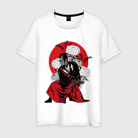 Мужская футболка хлопок с принтом САМУРАЙ 007 в Белгороде, 100% хлопок | прямой крой, круглый вырез горловины, длина до линии бедер, слегка спущенное плечо. | black | bond | flowers | japan | red | samurai | кимоно | костюм | меч | самурай | цветы | япония