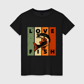 Женская футболка хлопок с принтом Love fish Люблю рыбу  в Белгороде, 100% хлопок | прямой крой, круглый вырез горловины, длина до линии бедер, слегка спущенное плечо | angler | bait | big | fish | fisherman | fishermen | fishing | fishing rod | fly fishing | funny fishing | outdoors | trout | для рыбака | отдых | природа | рыба | рыбак | рыбаку | рыбалка | северная щука | туризм | туристиче