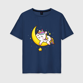 Женская футболка хлопок Oversize с принтом Милый единорог спит на луне в Белгороде, 100% хлопок | свободный крой, круглый ворот, спущенный рукав, длина до линии бедер
 | cute | funny | pony | rainbow | unicorn | единорог | единорожка | милый | пони | радуга