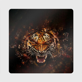 Магнит виниловый Квадрат с принтом ЯРОСТЬ ТИГРА в Белгороде, полимерный материал с магнитным слоем | размер 9*9 см, закругленные углы | animal | beast | cat | hunter | tiger | агрессия | брутальность | животные | звери | клыки | кошки | охотник | пасть | природа | рев | тигр | хищник | царь