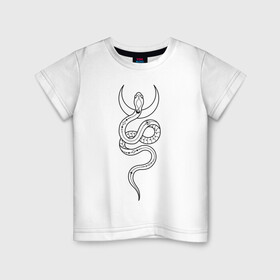 Детская футболка хлопок с принтом Лунная змея в Белгороде, 100% хлопок | круглый вырез горловины, полуприлегающий силуэт, длина до линии бедер | line art | tatoo art | witch | witchcraft | witchtok | ведьмин знак | витчток | змея | лайн арт | луна | тату рисунок | язычество