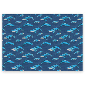 Поздравительная открытка с принтом Киты на синем в Белгороде, 100% бумага | плотность бумаги 280 г/м2, матовая, на обратной стороне линовка и место для марки
 | whale | кит | киты | море | на синем | паттерн