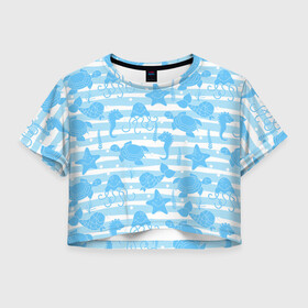 Женская футболка Crop-top 3D с принтом Морские жители в Белгороде, 100% полиэстер | круглая горловина, длина футболки до линии талии, рукава с отворотами | ocean spirit | дух океана | жители | звезда | конек | медуза | мир | море | морская | морские | морской | подводный | рыбы | черепаха