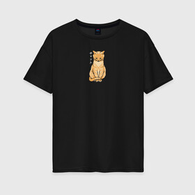 Женская футболка хлопок Oversize с принтом Serenity Cat в Белгороде, 100% хлопок | свободный крой, круглый ворот, спущенный рукав, длина до линии бедер
 | животное | звери | иероглифы | кот | кошка | надпись на японском | питомец | спокойствие