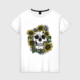 Женская футболка хлопок с принтом Мой стиль - подсолнух в Белгороде, 100% хлопок | прямой крой, круглый вырез горловины, длина до линии бедер, слегка спущенное плечо | skull | подсолнух | романтика | цветок | череп