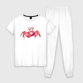 Женская пижама хлопок с принтом Счастливый краб в Белгороде, 100% хлопок | брюки и футболка прямого кроя, без карманов, на брюках мягкая резинка на поясе и по низу штанин | Тематика изображения на принте: краб | крабик | морской краб | океан