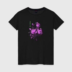 Женская футболка хлопок с принтом Purple flowers в Белгороде, 100% хлопок | прямой крой, круглый вырез горловины, длина до линии бедер, слегка спущенное плечо | flowers | иероглифы | надпись на японском | природа | растение | роза | цветочки | цветы