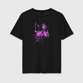 Женская футболка хлопок Oversize с принтом Purple flowers в Белгороде, 100% хлопок | свободный крой, круглый ворот, спущенный рукав, длина до линии бедер
 | flowers | иероглифы | надпись на японском | природа | растение | роза | цветочки | цветы