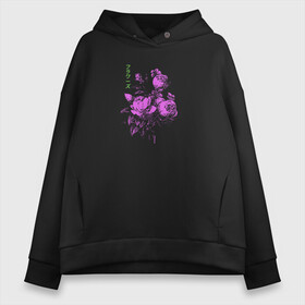 Женское худи Oversize хлопок с принтом Purple flowers в Белгороде, френч-терри — 70% хлопок, 30% полиэстер. Мягкий теплый начес внутри —100% хлопок | боковые карманы, эластичные манжеты и нижняя кромка, капюшон на магнитной кнопке | flowers | иероглифы | надпись на японском | природа | растение | роза | цветочки | цветы