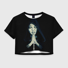 Женская футболка Crop-top 3D с принтом Монашка с крестом в Белгороде, 100% полиэстер | круглая горловина, длина футболки до линии талии, рукава с отворотами | анархия | крест | крест и монашка | крест череп | крестик | манархия | манашка | молитва | молится | монашка | монашка и крест | монашка с крестиком | монашка с крестом | монашки | с крестом | череп