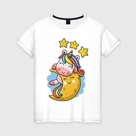 Женская футболка хлопок с принтом Единорог на луне в Белгороде, 100% хлопок | прямой крой, круглый вырез горловины, длина до линии бедер, слегка спущенное плечо | cute | funny | moon | pony | rainbow | unicorn | единорог | единорожка | звездочки | луна | милый | пони | радуга