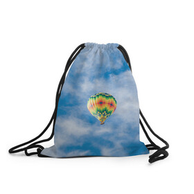 Рюкзак-мешок 3D с принтом Воздушный шар в небе в Белгороде, 100% полиэстер | плотность ткани — 200 г/м2, размер — 35 х 45 см; лямки — толстые шнурки, застежка на шнуровке, без карманов и подкладки | воздушные | воздушный | небеса | небесный | небо | облака | облако | туча | тучи | шар | шары