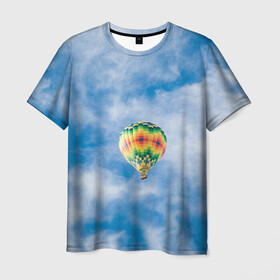 Мужская футболка 3D с принтом Воздушный шар в небе в Белгороде, 100% полиэфир | прямой крой, круглый вырез горловины, длина до линии бедер | Тематика изображения на принте: воздушные | воздушный | небеса | небесный | небо | облака | облако | туча | тучи | шар | шары