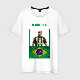 Мужская футболка хлопок с принтом Роберто Карлос (Roberto Carlos в Белгороде, 100% хлопок | прямой крой, круглый вырез горловины, длина до линии бедер, слегка спущенное плечо. | Тематика изображения на принте: роберто карлос | сборная бразилии | флаг бразилии | футболист | футбольная форма