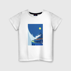 Детская футболка хлопок с принтом паровозик в Белгороде, 100% хлопок | круглый вырез горловины, полуприлегающий силуэт, длина до линии бедер | Тематика изображения на принте: гора | минимализм | мостик | паровозик | синее небо | снег | солнышко