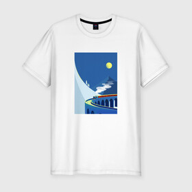 Мужская футболка хлопок Slim с принтом паровозик в Белгороде, 92% хлопок, 8% лайкра | приталенный силуэт, круглый вырез ворота, длина до линии бедра, короткий рукав | Тематика изображения на принте: гора | минимализм | мостик | паровозик | синее небо | снег | солнышко