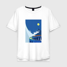 Мужская футболка хлопок Oversize с принтом паровозик в Белгороде, 100% хлопок | свободный крой, круглый ворот, “спинка” длиннее передней части | Тематика изображения на принте: гора | минимализм | мостик | паровозик | синее небо | снег | солнышко