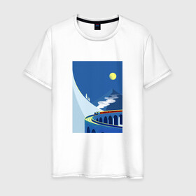 Мужская футболка хлопок с принтом паровозик в Белгороде, 100% хлопок | прямой крой, круглый вырез горловины, длина до линии бедер, слегка спущенное плечо. | гора | минимализм | мостик | паровозик | синее небо | снег | солнышко