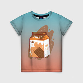 Детская футболка 3D с принтом Шоколадное молоко в коробке в Белгороде, 100% гипоаллергенный полиэфир | прямой крой, круглый вырез горловины, длина до линии бедер, чуть спущенное плечо, ткань немного тянется | еда | коробка | молоко | молочко | персик | персиковое молоко