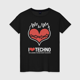 Женская футболка хлопок с принтом I love techno в Белгороде, 100% хлопок | прямой крой, круглый вырез горловины, длина до линии бедер, слегка спущенное плечо | i love techno | love | techno | техно | я люблю техно