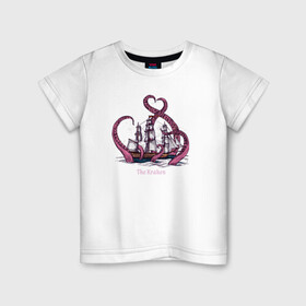 Детская футболка хлопок с принтом Корабль и кракен в Белгороде, 100% хлопок | круглый вырез горловины, полуприлегающий силуэт, длина до линии бедер | kraken | ships | корабли | кораблики | корабль | кракен | море | морские | морское