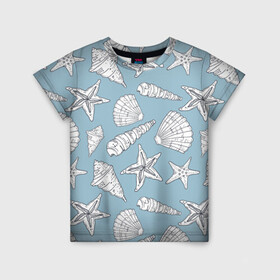 Детская футболка 3D с принтом Морские обитатели в Белгороде, 100% гипоаллергенный полиэфир | прямой крой, круглый вырез горловины, длина до линии бедер, чуть спущенное плечо, ткань немного тянется | summer | арт | графика | лето | морская звезда | ракушки