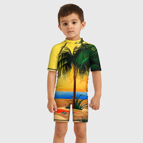 Детский купальный костюм 3D с принтом Пляж в Белгороде, Полиэстер 85%, Спандекс 15% | застежка на молнии на спине | арт | графика | лето | море | пальмы | песок