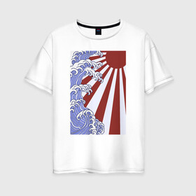 Женская футболка хлопок Oversize с принтом Волна и солнце в Канагаве в Белгороде, 100% хлопок | свободный крой, круглый ворот, спущенный рукав, длина до линии бедер
 | japan | japanese style | ninja | samurai | shinobi | the great wave off kanagawa | большая волна в канагаве | иероглифы | канагава | киото | осака | самурай | токио | японист | япония | японский стиль | японский флаг | японское солнце