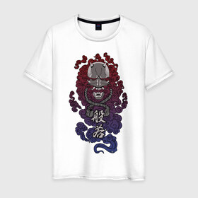 Мужская футболка хлопок с принтом Дух Хання в Белгороде, 100% хлопок | прямой крой, круглый вырез горловины, длина до линии бедер, слегка спущенное плечо. | Тематика изображения на принте: anbu | japan | japanese style | ninja | samurai | shinobi | анбу | демон | канагава | киберпанк | киото | кицуне | кицунэ | маска самурая | ниндзя | они | осака | самурай | сёгун | синоби | тенгу | тэнгу | хання | ханья | шиноби