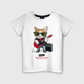 Детская футболка хлопок с принтом КРУТОЙ КОТ ГИТАРИСТ в Белгороде, 100% хлопок | круглый вырез горловины, полуприлегающий силуэт, длина до линии бедер | Тематика изображения на принте: and | cat | cats | cute | funny | guitar | heavy | kitten | kitty | meow | metal | music | n | pet | playing | rock | roll | star | гитара | гитарист | кот | котик | коты | кошка | кошки | крутой | музыка | рок