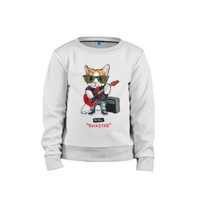 Детский свитшот хлопок с принтом КРУТОЙ КОТ ГИТАРИСТ в Белгороде, 100% хлопок | круглый вырез горловины, эластичные манжеты, пояс и воротник | and | cat | cats | cute | funny | guitar | heavy | kitten | kitty | meow | metal | music | n | pet | playing | rock | roll | star | гитара | гитарист | кот | котик | коты | кошка | кошки | крутой | музыка | рок