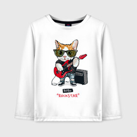Детский лонгслив хлопок с принтом КРУТОЙ КОТ ГИТАРИСТ в Белгороде, 100% хлопок | круглый вырез горловины, полуприлегающий силуэт, длина до линии бедер | Тематика изображения на принте: and | cat | cats | cute | funny | guitar | heavy | kitten | kitty | meow | metal | music | n | pet | playing | rock | roll | star | гитара | гитарист | кот | котик | коты | кошка | кошки | крутой | музыка | рок