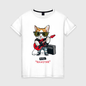 Женская футболка хлопок с принтом КРУТОЙ КОТ ГИТАРИСТ в Белгороде, 100% хлопок | прямой крой, круглый вырез горловины, длина до линии бедер, слегка спущенное плечо | Тематика изображения на принте: and | cat | cats | cute | funny | guitar | heavy | kitten | kitty | meow | metal | music | n | pet | playing | rock | roll | star | гитара | гитарист | кот | котик | коты | кошка | кошки | крутой | музыка | рок