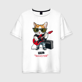 Женская футболка хлопок Oversize с принтом КРУТОЙ КОТ ГИТАРИСТ в Белгороде, 100% хлопок | свободный крой, круглый ворот, спущенный рукав, длина до линии бедер
 | and | cat | cats | cute | funny | guitar | heavy | kitten | kitty | meow | metal | music | n | pet | playing | rock | roll | star | гитара | гитарист | кот | котик | коты | кошка | кошки | крутой | музыка | рок
