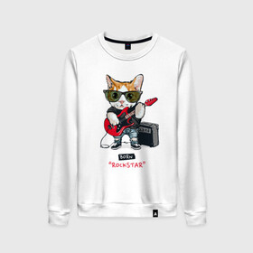 Женский свитшот хлопок с принтом КРУТОЙ КОТ ГИТАРИСТ в Белгороде, 100% хлопок | прямой крой, круглый вырез, на манжетах и по низу широкая трикотажная резинка  | and | cat | cats | cute | funny | guitar | heavy | kitten | kitty | meow | metal | music | n | pet | playing | rock | roll | star | гитара | гитарист | кот | котик | коты | кошка | кошки | крутой | музыка | рок
