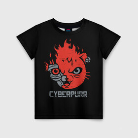 Детская футболка 3D с принтом СYBERPURR в Белгороде, 100% гипоаллергенный полиэфир | прямой крой, круглый вырез горловины, длина до линии бедер, чуть спущенное плечо, ткань немного тянется | Тематика изображения на принте: 2077 | animal | cat | cyber | cyberpunk | fire | flame | future | neon | purr | technology | будущее | демон | животное | кибер | кот | кошка | микросхема | мур | мурлыкать | нейроны | неон | огонь | очки | свечение | технологии | шлем