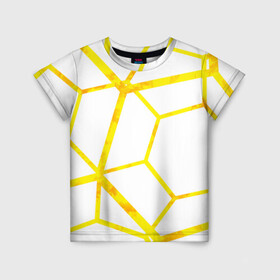 Детская футболка 3D с принтом Hexagon в Белгороде, 100% гипоаллергенный полиэфир | прямой крой, круглый вырез горловины, длина до линии бедер, чуть спущенное плечо, ткань немного тянется | hexagon | high tech | lines | sun | yellow | линии | многоугольник | насыщенный желтый | паутина | солнце | хай тек | шестиугольник | яркий