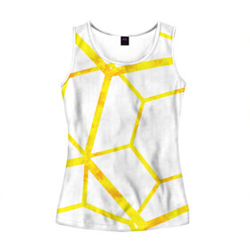 Женская майка 3D с принтом Hexagon в Белгороде, 100% полиэстер | круглая горловина, прямой силуэт, длина до линии бедра | hexagon | high tech | lines | sun | yellow | линии | многоугольник | насыщенный желтый | паутина | солнце | хай тек | шестиугольник | яркий