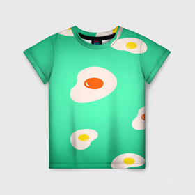 Детская футболка 3D с принтом Яйца на Зеленом Фоне в Белгороде, 100% гипоаллергенный полиэфир | прямой крой, круглый вырез горловины, длина до линии бедер, чуть спущенное плечо, ткань немного тянется | food | в топе | в тренде | еда | завтрак | зеленый | яичница | яйца