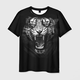 Мужская футболка 3D с принтом Рев Тигра в Белгороде, 100% полиэфир | прямой крой, круглый вырез горловины, длина до линии бедер | roar | tiger | рык | тигр | чернобелый