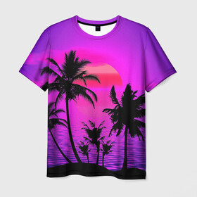Мужская футболка 3D с принтом Неоновый Закат в Белгороде, 100% полиэфир | прямой крой, круглый вырез горловины, длина до линии бедер | закат | море | пальмы | солнце | тропики