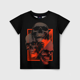 Детская футболка 3D с принтом Skulls | Черепа в Белгороде, 100% гипоаллергенный полиэфир | прямой крой, круглый вырез горловины, длина до линии бедер, чуть спущенное плечо, ткань немного тянется | Тематика изображения на принте: bones | dark | darkness | dead | death | head | human | red | skull | skulls | голова | кости | красный | мертвец | мертвый | темнота | темный | тьма | человек | череп | черепа
