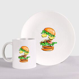 Набор: тарелка + кружка с принтом King Burger в Белгороде, керамика | Кружка: объем — 330 мл, диаметр — 80 мм. Принт наносится на бока кружки, можно сделать два разных изображения. 
Тарелка: диаметр - 210 мм, диаметр для нанесения принта - 120 мм. | burger | burger king | king | бургер | гамбургер